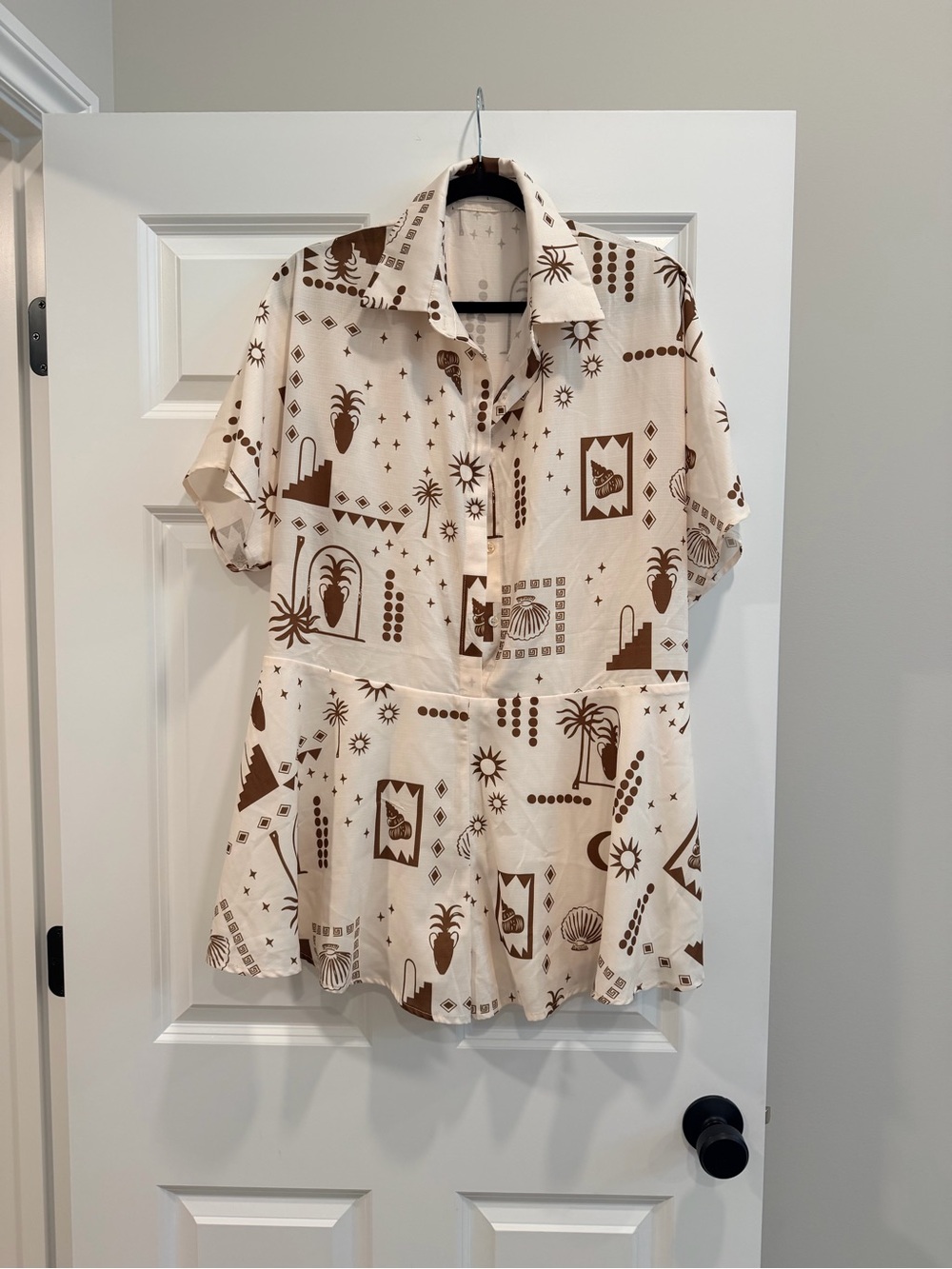 Commense Cream and Brown Printed Short-Sleeve Jumpsuit Romper